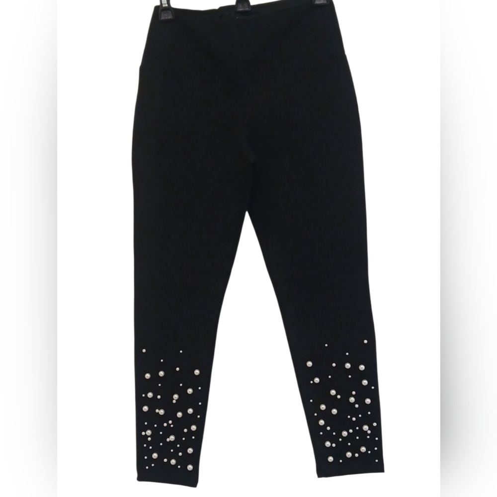 Athena Marie -Ladies Petite Black Pants,Faux Pearl Leg Embellishment,Lined Waist - Picture 4 of 10